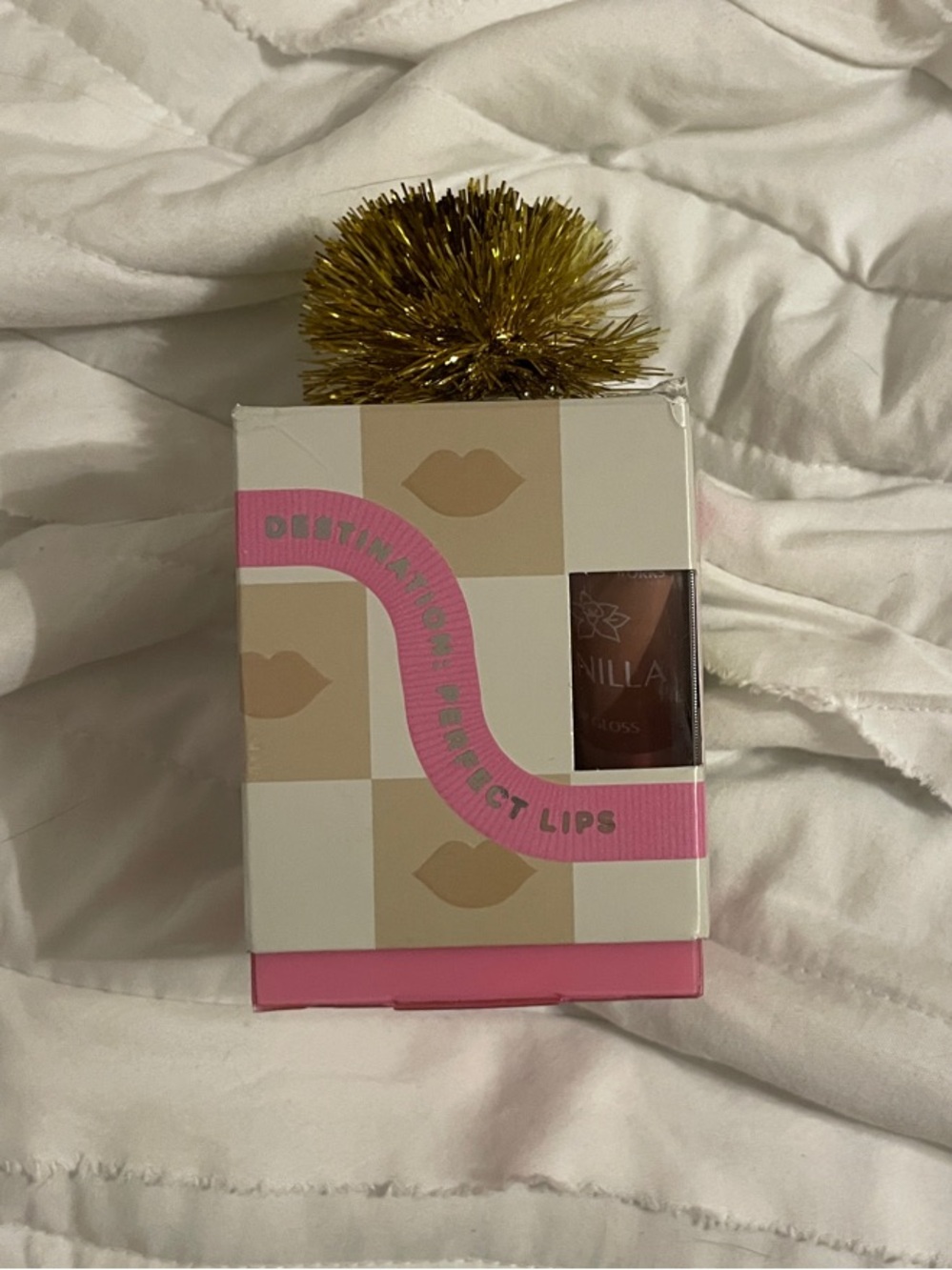 Vanilla lip gloss, lip scrub, lip scrubber, and lip mask. In clear/light pink.